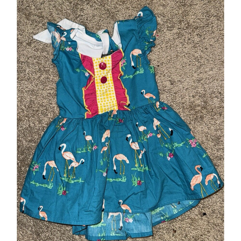 Caroline Kate Blue Flamingo Cotton Sundress Girls 4T Knee Length